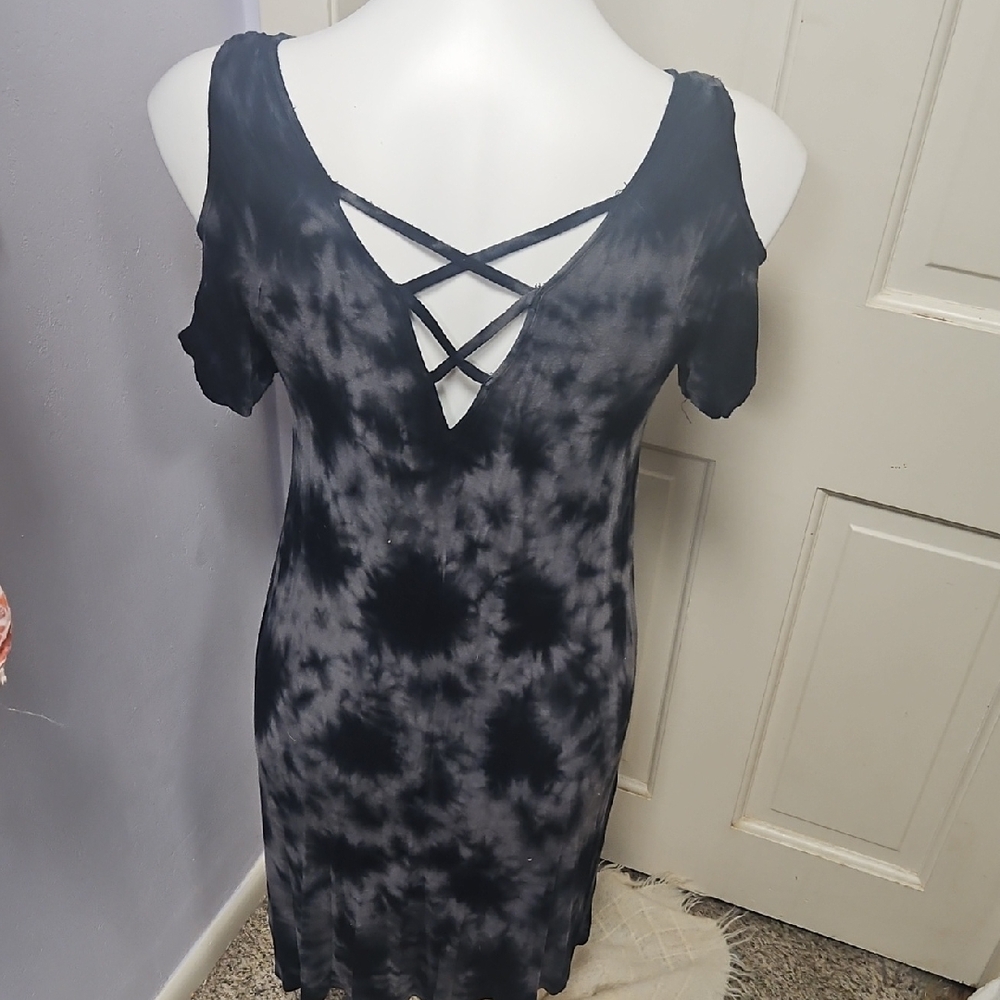 Pink Rose Black Cold Shoulder  Tie Dye Dress